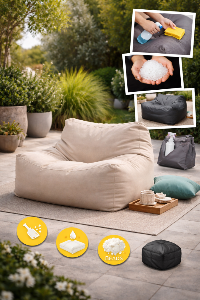 pouf da giardino beige su terrazza immersa nel verde – relax outdoor e manutenzione del pouf da esterno