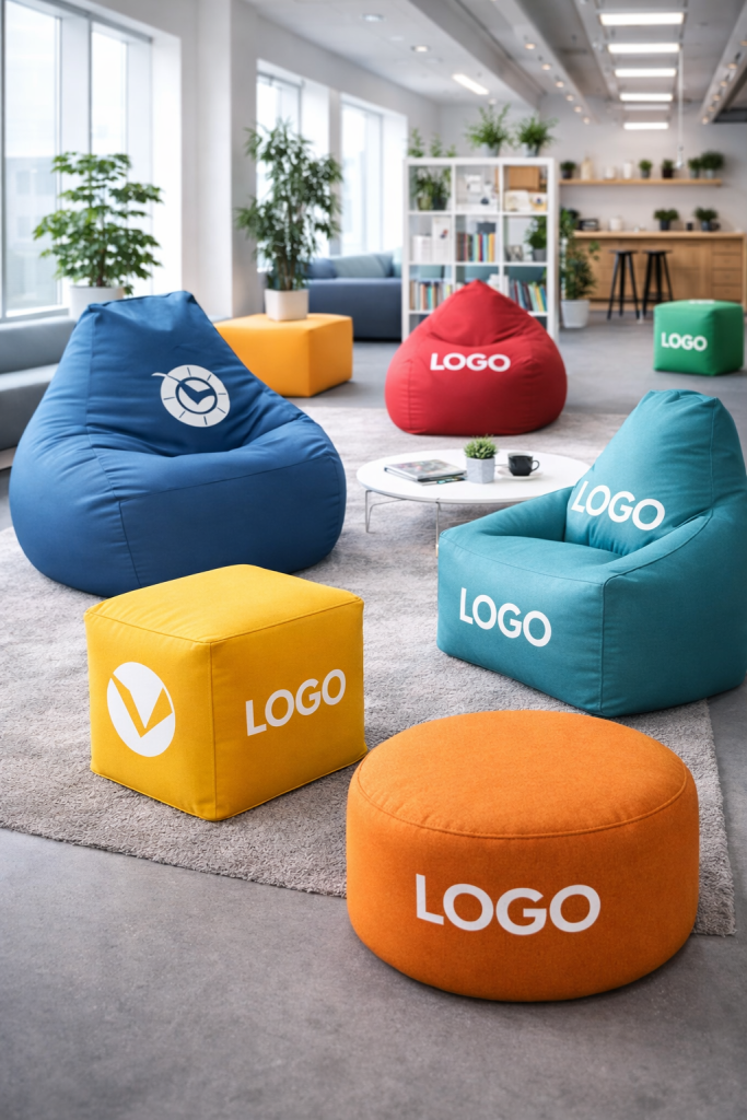 pouf aziendali personalizzati in ufficio moderno con zona relax e sedute morbide