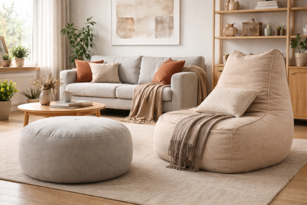 nowoczesny salon z jasnym poufem i dużym miękkim fotelem typu bean bag w neutralnych kolorach
