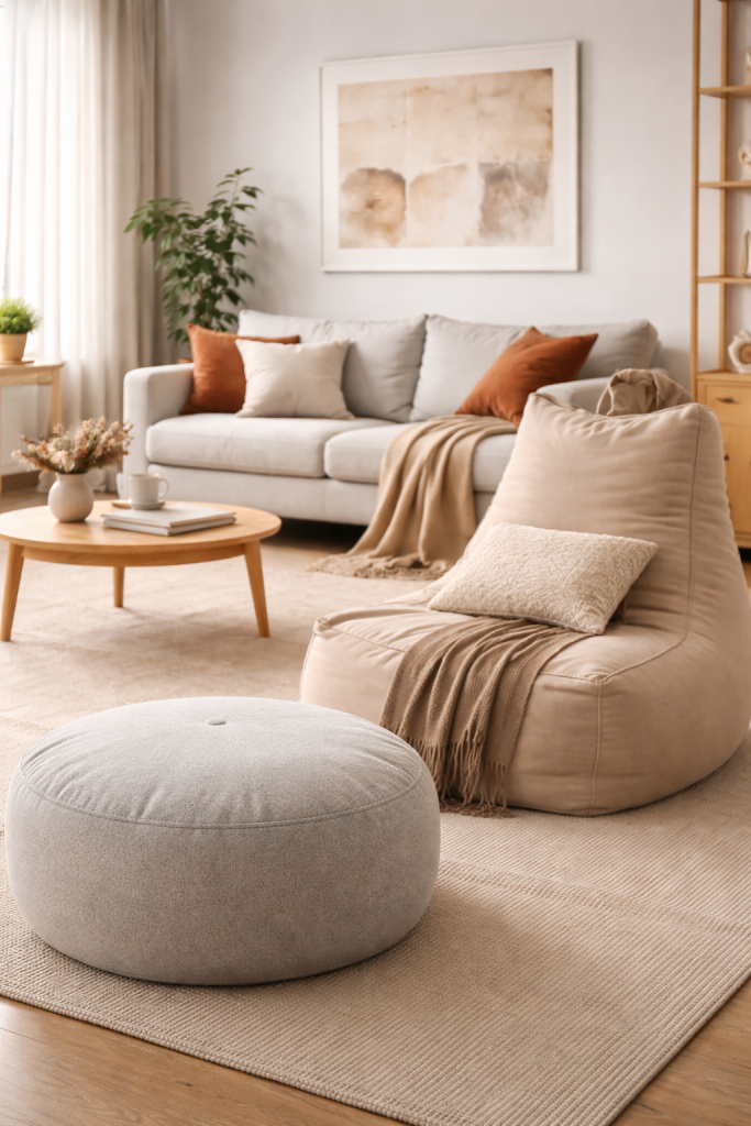 soggiorno moderno con pouf rotondo e poltrona morbida tipo bean bag in tonalità beige e grigie