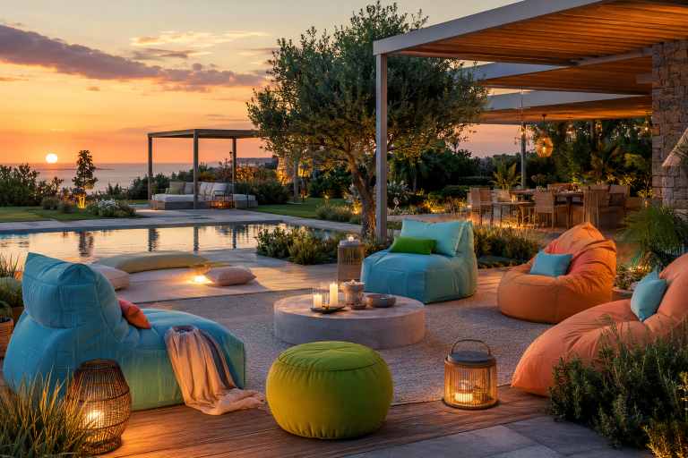 Zona relax di lusso all'aperto con arredi premium e pouf impermeabili
