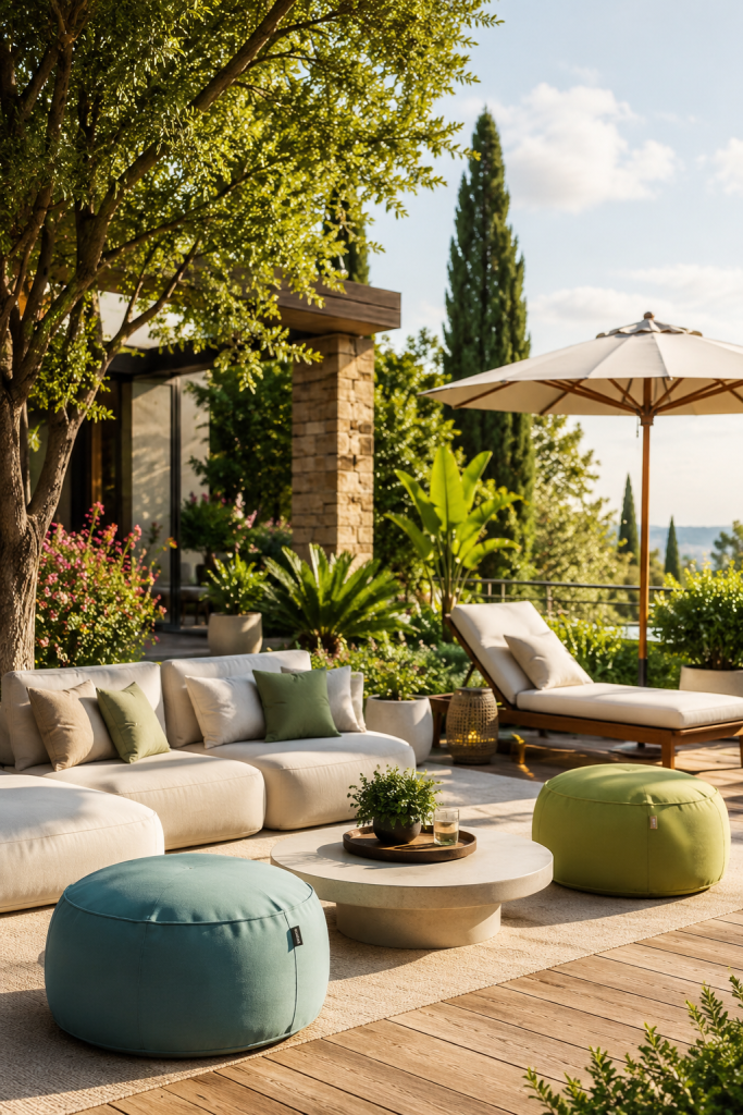 Zona relax di lusso in giardino con divani outdoor
