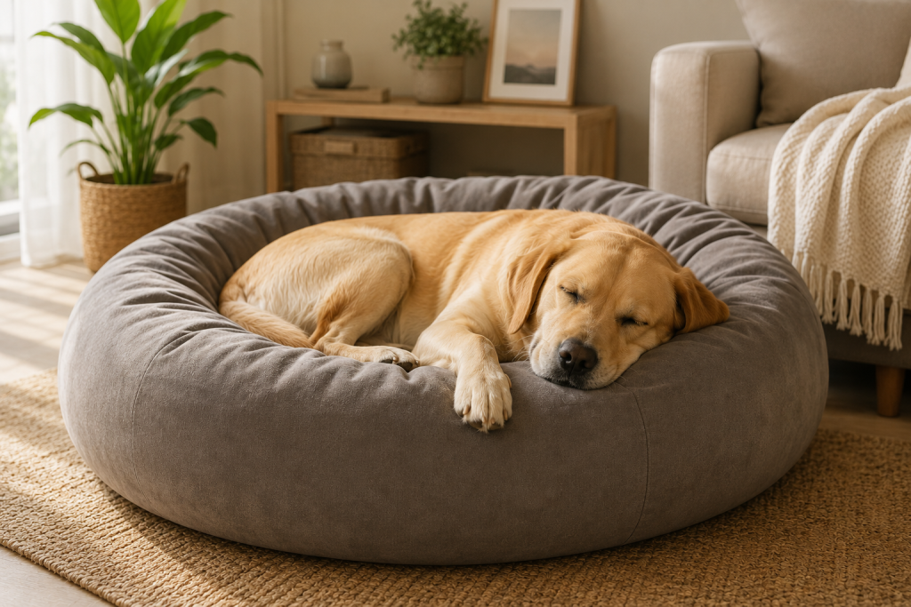 Cane che dorme su un pouf morbido usato come cuccia ergonomica in salotto