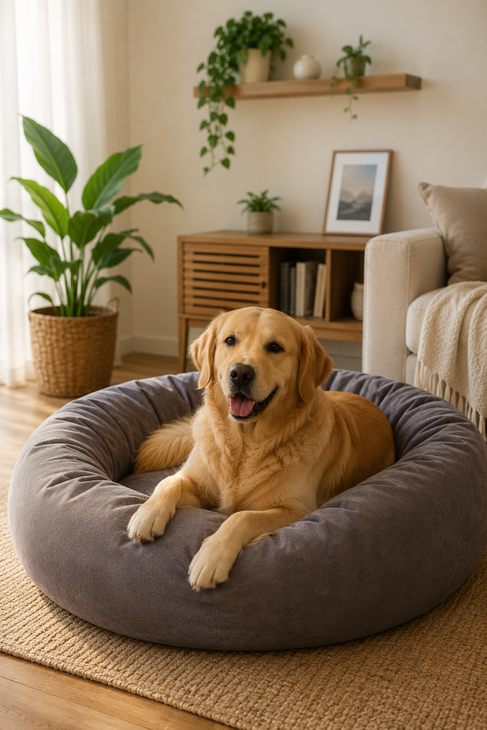 Golden Retriever rilassato su un pouf ergonomico per cani in un accogliente soggiorno moderno